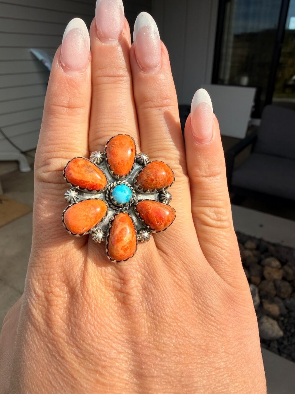 Genuine Spiny Oyster and Turquoise Sterling Silver Ring